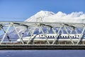 High Speed Train Shinkansen Tokaido Line on the Bridge across Fuji River with Fuji Mountain Background in Winter, Fuji City, S