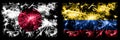 Japan, Japanese vs Colombia, Colombian New Year celebration sparkling fireworks flags concept background. Combination of two