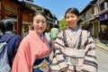 Japan. Kyoto. Higashiyama district. Women wearing traditional kimono