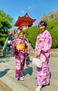 Japan. Kyoto. Kiyomizu Dera Temple. Koyasu Pagoda. Young women dressed with traditional kimono Royalty Free Stock Photo