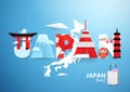 Japan landmark in Japan words shape with paper carft, cut design Royalty Free Stock Photo