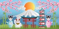 Japan landmark travel banner with girl in kimono dress, maneki neko, cherry blossom, bamboo and fuji mountain