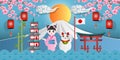 Japan landmark travel banner with girl in kimono dress, maneki neko, cherry blossom, bamboo and fuji mountain. Paper art style of