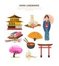 Japan landmarks - building, beverages, clothing, food, art, trees.