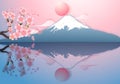 Japan landscape,Fuji mountain with reflection on the lake kawaguchiko and Cherry blossom, sakura falling down, Paper cut out style