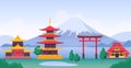 Japan landscape with mountain Fuji, landmarks, temples and old building. Japanese tourism travel scenery with pagoda and