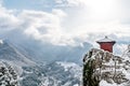 Japan landscape scenic view of red hall perched on rock cliff, yamadera shrine temple, yamagata prefecture, tohoku region, asia