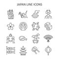 Japan line icon set. Japanese traditional vector sign with sakura, origami, maneki neko cat, daruma, koi fish, sushi, pagoda, sumo Royalty Free Stock Photo