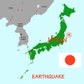Japan map with epicenter of earthquake