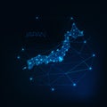 Japan map glowing silhouette outline made of stars lines dots triangles, low polygonal shapes.