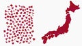 Japan map made out of different shades red - national color - jigsaw puzzle pieces, 126 scattered blocks and finished version.