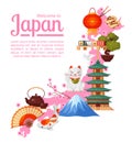 Japan map for web, travel banner. Japanese landmarks, sightseeing attractions poster, flyer.