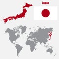 Japan map on a world map with flag and map pointer. Vector illustration