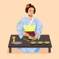 Japan matcha tea. Japanese ceremony with Matcha. Eastern Girl woman prepres tea. Hands holding tea items.