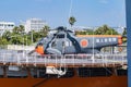 7.08.2018 Japan Nagoya.Cargo ship in the port.Helicopter on a cargo box in the port