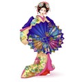 Japan National doll Hina Ningyo in a blue kimono with an umbrella. Umbrella and kimono decorated with a pattern with chrysanthemum Royalty Free Stock Photo