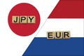 Japan and Netherlands currencies codes on national flags background