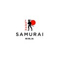 Japan ninja standing with sword logo design illustration vector with red japanese sun icon