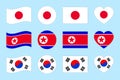 Japan, North Korea, South Korea flags vector set. Flat isolated icons. Japanese, North Korean, South Korean nation symbols
