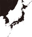 Japan, North korea, South korea and surrounding countries map color black