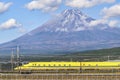 Doctor Yellow High Speed Bullet Train Shinkansen with Fuji mountain, Fuji city, Shizuoka, Japan Royalty Free Stock Photo