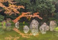 Autumn red momiji reflecting in the pond of the Japanese garden at Expo â70 Commemorative Park in Osaka. Royalty Free Stock Photo