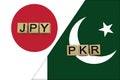 Japan and Pakistan currencies codes on national flags background