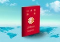 Japan Passport on world map with clouds in background