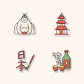 Japan printable patches. Sumo fighter. Shintoism temple. Asian calligraphy. Sake, alcohol drink. Traditional japanese