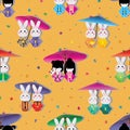 Japan rabbit doll Kimono symmetry star drop seamless pattern Royalty Free Stock Photo