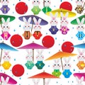 Japan rabbit Kimono umbrella rain drop red sun seamless pattern