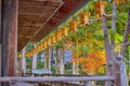 Japan Religious Ideas. Seasonal Red Maples and Pond With Lantern on Sacred Mount Koyasan in Japan