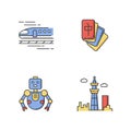 Japan RGB color icons set. Asian bullet train, shinkansen. Mahjong game. Robot part. Urban cityscape. Traditional Royalty Free Stock Photo