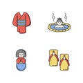 Japan RGB color icons set. Kimono clothing. Yukata shoes. Asian hot springs. Kokeshi doll. Asian footwear. Traditional