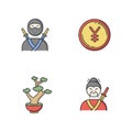 Japan RGB color icons set. Ninja warrior, assassin in mask. Yen coin. Chinese yuan. Bonsai tree in pot. Asian martial Royalty Free Stock Photo