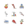 Japan RGB color icons set. Ramen dish, asian food. Sakura tree. Crane bird. Tokyo sky tree. Koi fish. Shinkansen train