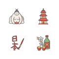 Japan RGB color icons set. Sumo fighter. Shintoism temple. Pagoda style shrine. Sake, alcohol drink. Traditional Royalty Free Stock Photo