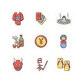 Japan RGB color icons set. Yukata, kimono. Mahjong game. Hot springs. Sake, rice wine. Kokeshi doll. Hanya mask