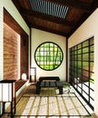 Mock up Japan room - modern living room with windows, door, table and floor,design decoration Japanese style, 3D rendering