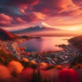 Japan's Fuji Mountain Radiates in Autumn Splendor at Sunset Over Kawaguchiko Lake. Generative ai