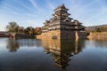 Japan`s Matsumoto castle and reflection in the water at sunset Royalty Free Stock Photo