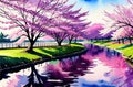 Japan Sakura festival of Cherry tree blossom explosion. AI generated landscape Royalty Free Stock Photo