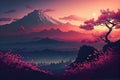 Japan, sakura, mountains in distance, pink dawn, sun rays Royalty Free Stock Photo