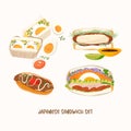 Japan Sandwiches vector set. Katsu sando, tomago sando, wanpaku sandwich, jakisoba pan. Asian food illustration isolated on white