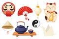 Japan set with traditional elements fun, maneki neko cat, origami crane, teapot with tea cups, daruma doll and lantern