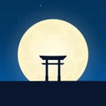 Japan silhouette of attraction. Travel banner with moon on the night background. Trip to country. Travelling illustration.