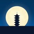 Japan silhouette of attraction. Travel banner with moon on the night background. Trip to country. Travelling illustration.