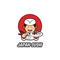 Japan sushi logo with japanese chef mascot character wear traditional white chef clothes bring sush on plate and chopstick Royalty Free Stock Photo