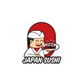 Japan sushi logo mascot with traditional japanese chef character bring sushi on a plate, unique and cute cartoon logo