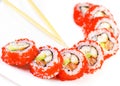 Japan sushi roll with salmon caviar. Royalty Free Stock Photo